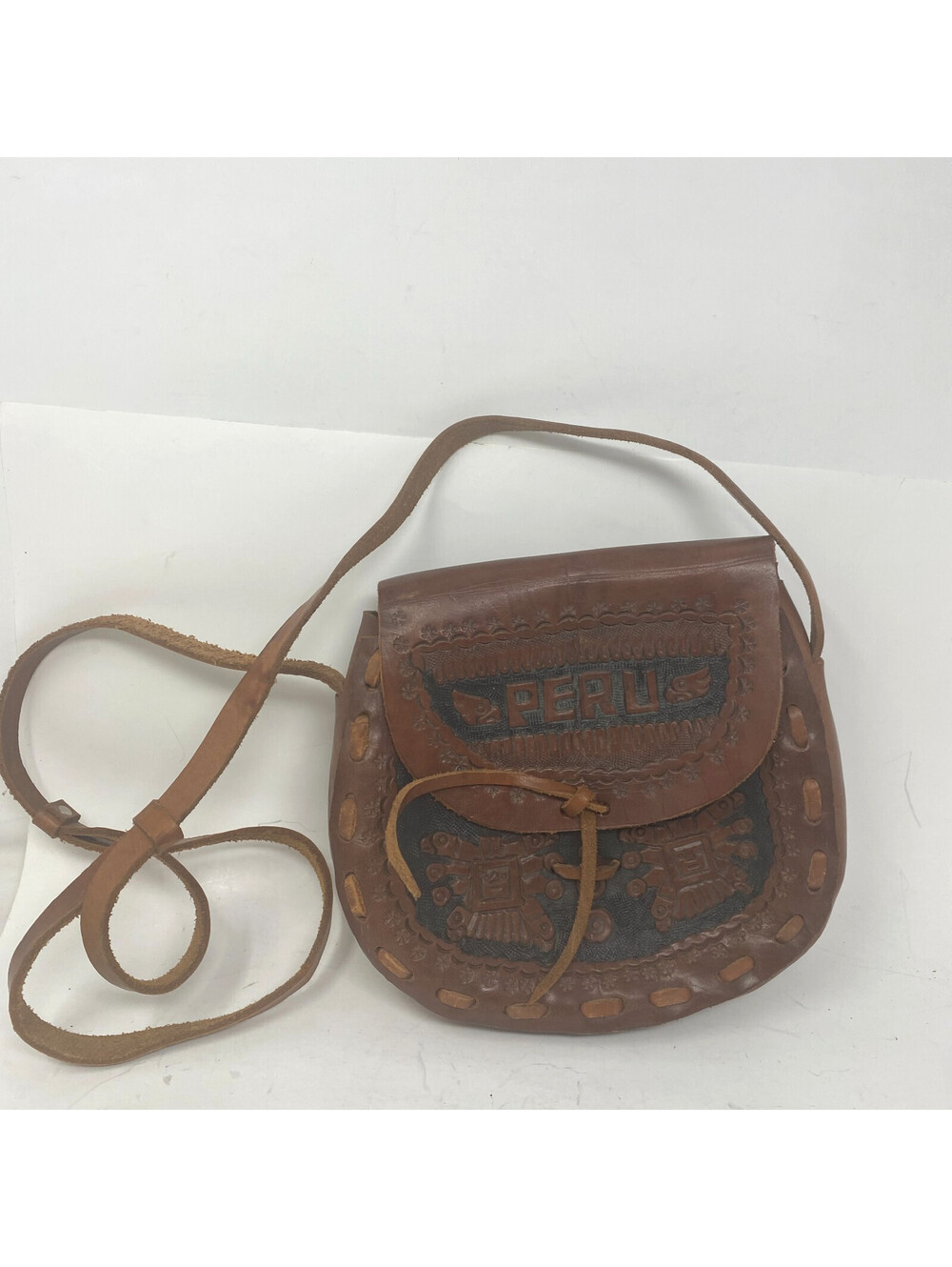 Vintage Peru Hand Tooled Leather Crossbody Purse Inca Tribal Boho Saddle Bag